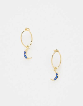 huggie hoop stud earring with crescent charm in gold plated