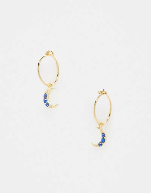 huggie hoop stud earring with crescent charm in gold plated