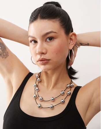 layered 2 row necklace with silver beads on cord