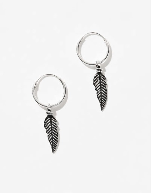hoop earrings with feather charm in sterling silver