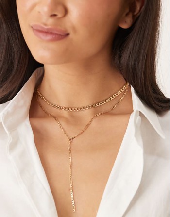 multi layer curb chain and lariat necklace in gold