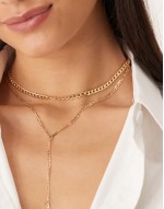multi layer curb chain and lariat necklace in gold