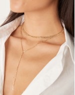 multi layer curb chain and lariat necklace in gold