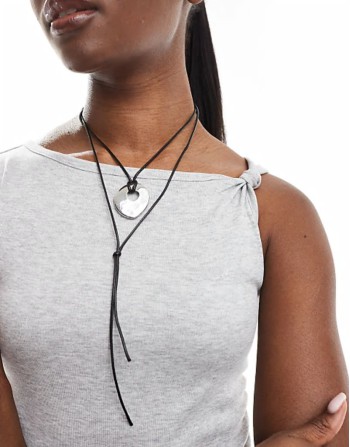 necklace with multirow molten pendant and cord design in silver tone