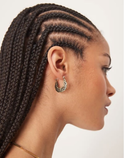 hoop earrings with filigree detailing in gold tone